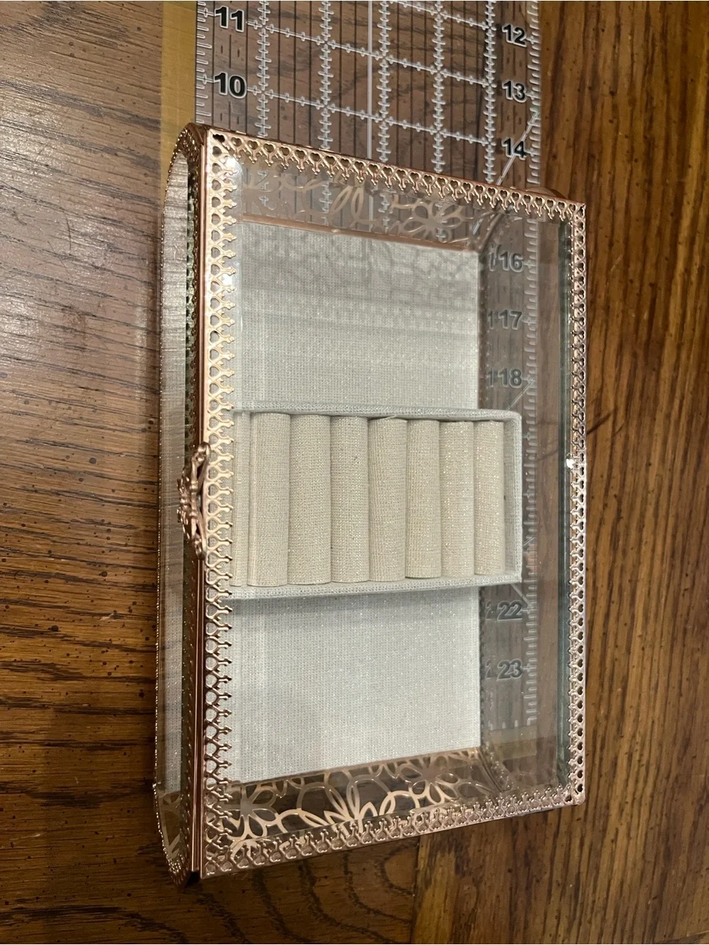 Rachel Ashwell Glass Jewelry Display Box with Rose Gold Trim and Gray Lining